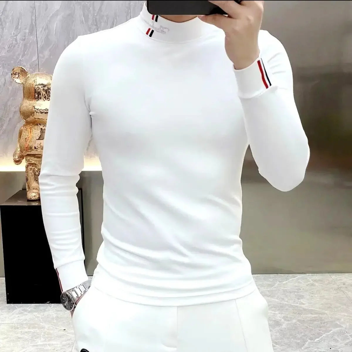 Autumn New Men Chic Thicken T-Shirts Thermal Half High Collar Bottoming Cootrast Color Long Sleeve Elastic Slim All-match Tops.
