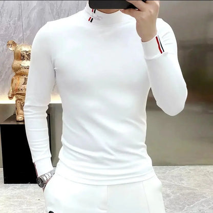 Autumn New Men Chic Thicken T-Shirts Thermal Half High Collar Bottoming Cootrast Color Long Sleeve Elastic Slim All-match Tops.