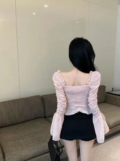 New Women's One Shoulder Flared Sleeve Top Pink Sweet and Spicy Top Niche and Unique Shirt.