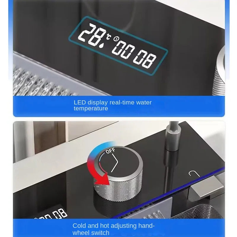 Wasserfall-Küchenspüle aus Edelstahl 304, großes Einzelschlitz-Wasserhahn-Set mit integrierter Digitalanzeige, Seifenspender, Tassenwascher