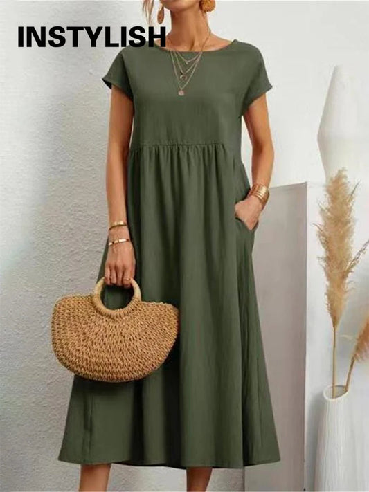 Vintage Solide Midi Kleid Casual Kurzarm Baumwolle und Leinen Harajuku Übergroßen Langes Kleid Frauen Sommer Y2K Maxi Sommerkleid 2023