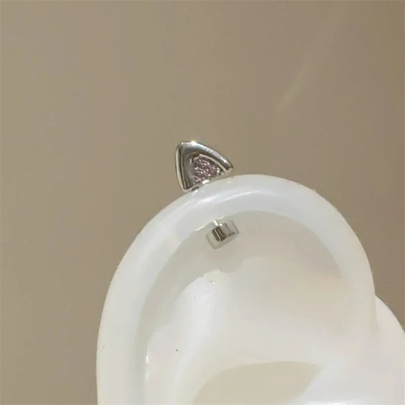 Silver Color Cat's Ear Droplet Shaped Zircon Stainless Steel Ear Bone Nail Earring for Women New Trendy Body Piercing Accessorie