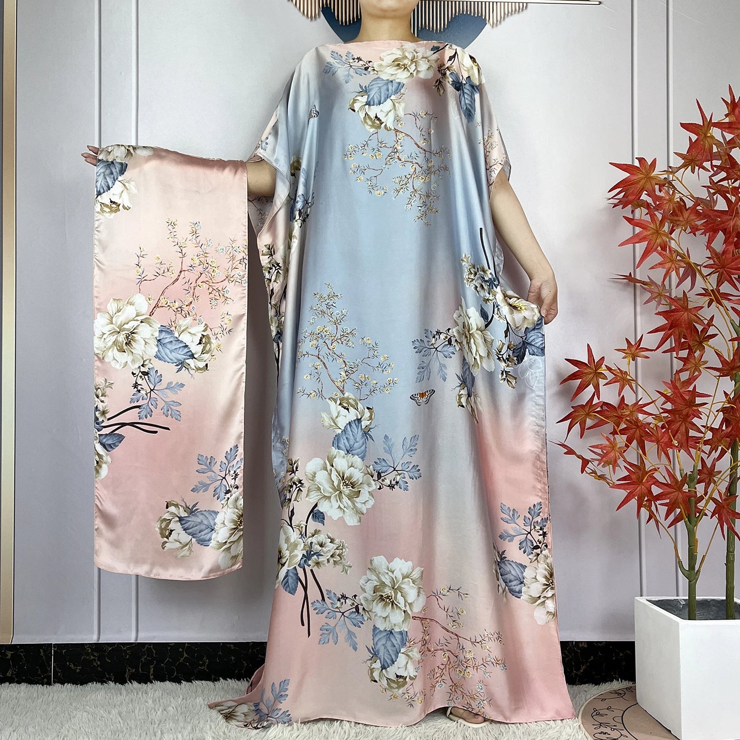 2024 New Dubai Summer Fashion For Women Printed Silk Soft Loose Femme Robe African Islam Maxi Woman Casual Dresses With Turban