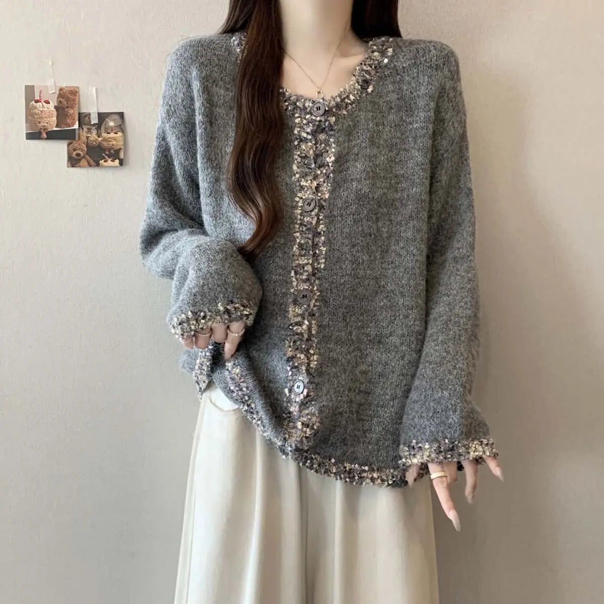 Pailletten-Strickjacke für Damen, Herbst und Winter, lockeres Schlankheitsoberteil