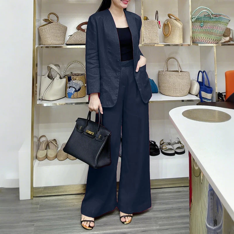 ZANZEA Autumn Fashion 2 Pieces Sets Women V-Neck Long Sleeve Blazer & Wide Leg Pants 2pcs Suits Office Commuting Solid Pant Sets.