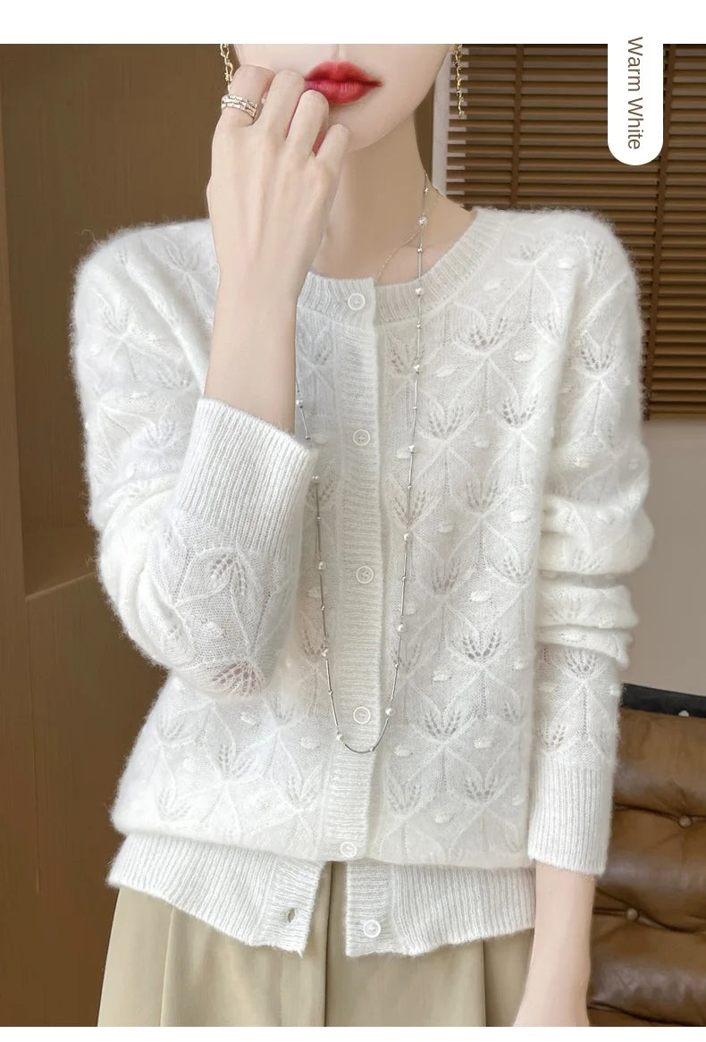 2024 Autumn And Winter New Round Neck Hollowed Out 100 Wool Knitted Cardigan Women's Versatile Coat Loose Casual Sweater DMR281