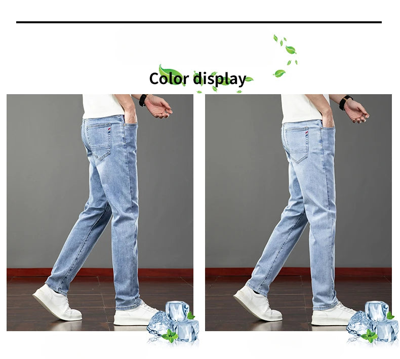 Spring Summer Thin Slim Fit Jeans Mens Elastic Straight Casual Business Denim Pants Washed Classic Brand Clothing Men Trousers.