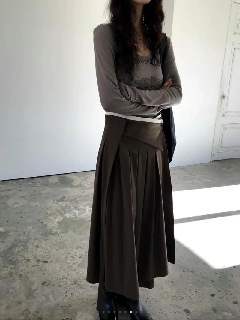 Elegant Pleated Midi Skirt Women Fashion Patchwork Asymmetrical Skirts Summer Office Ladies Korean Casual Design A Line Faldas.