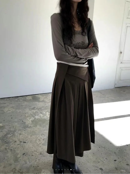 Elegant Pleated Midi Skirt Women Fashion Patchwork Asymmetrical Skirts Summer Office Ladies Korean Casual Design A Line Faldas.