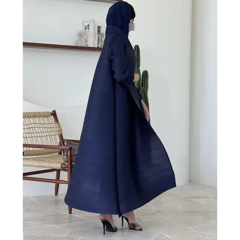 Muslim Abaya Black Simple Commuter Fashion Pleated Loose Long Trench Coat Jacket 2024 Fall New.