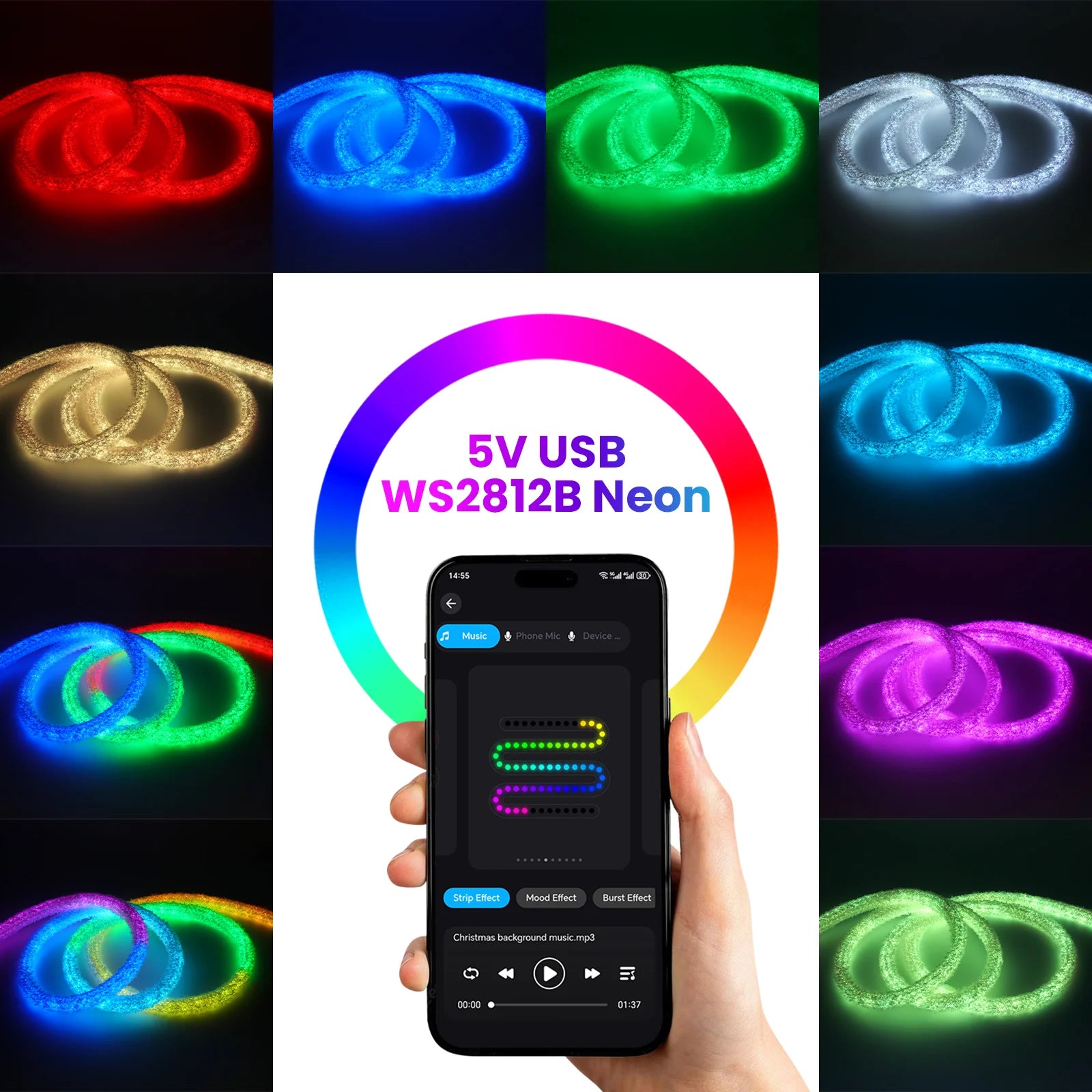 DC5V USB RGB LED Round Neon Light Strip Music Sync Control with App/Remote Addressable Lamp IP67 Waterproof for Indoor Outdoor.