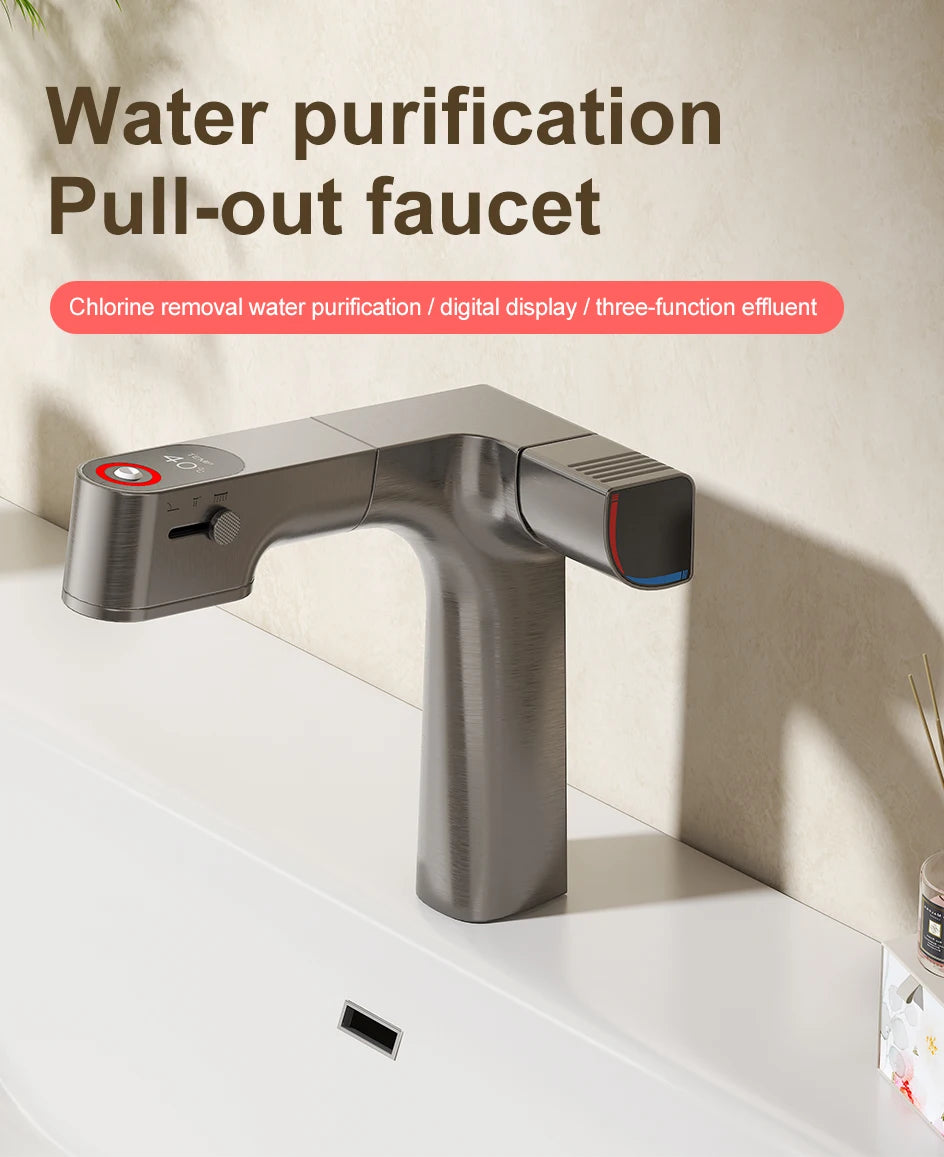VGX Purified Bathroom Faucets Pull Out Water Filter Tap White Basin Mixer Sink Faucet Gourmet LED Display Brass Tapware Crane