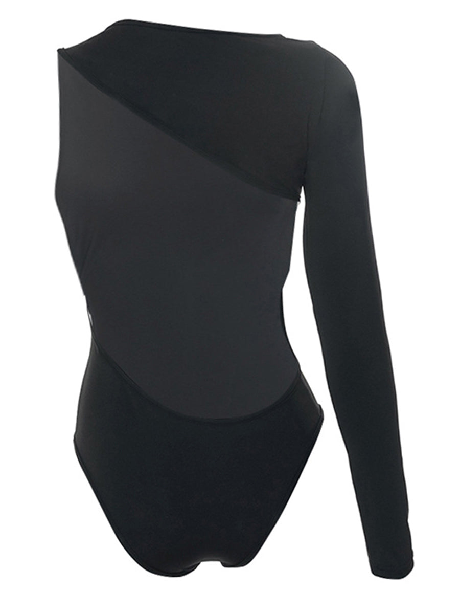 Women Spring Summer One-Side Long Sleeve Off Shoulder Backless Solid Color Casual Party Bodysuit Black Tops.