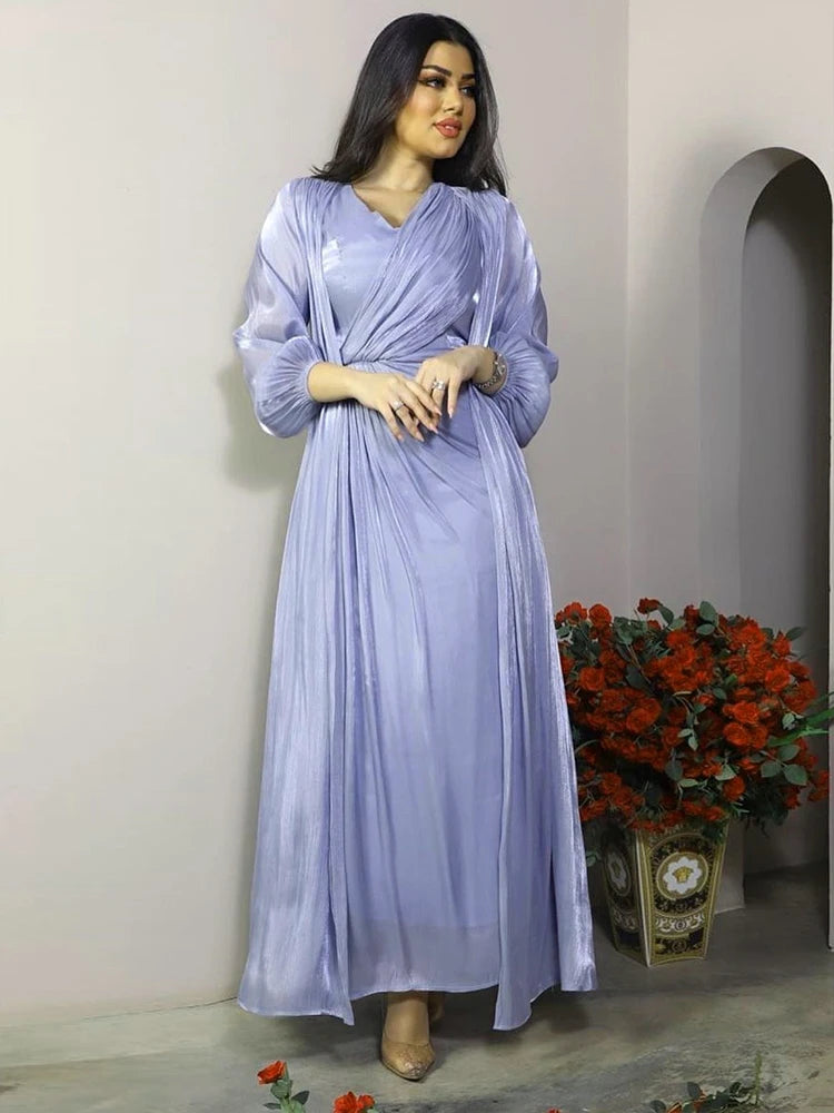 Morocco Party Dress Women Abaya 2 Piece Set Silky Satin Dubai Muslim Dresses Eid Caftan Evening Long Robe Vestidos Abayas Robe.