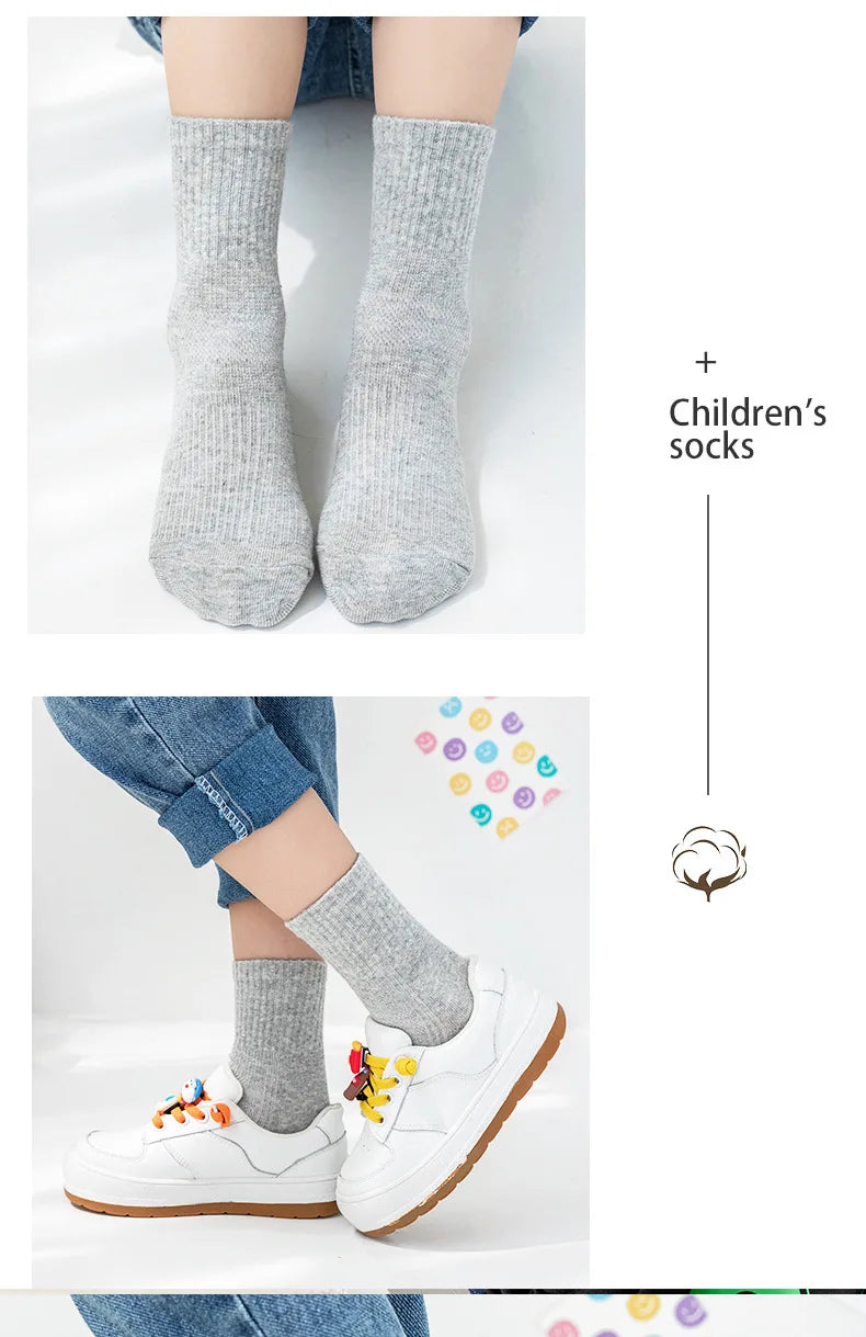 5 Pairs Pure Cotton Children Boy Socks Black White Grey Solid Color Unisex Breathable Sports School Socks Baby Girl Calf Socks.