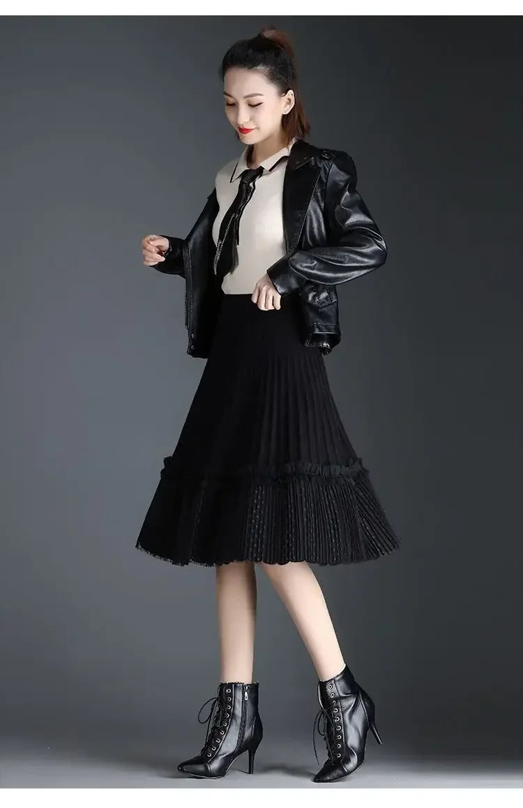 Korean Fashion Autumn Winter Women Solid Elastic High Waist Lace Patchwork Simplicity Mid-length A-line Pleated Knitted Skirt