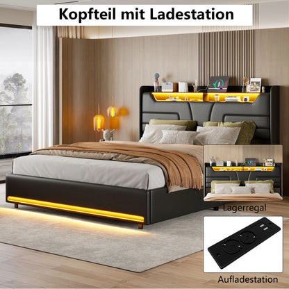 Creahappy Federkernmatratzenbett 160 x 200 cm, Doppelbett mit unabhängiger LED-Beleuchtung, stilvolles Polsterbett mit Stauraum
