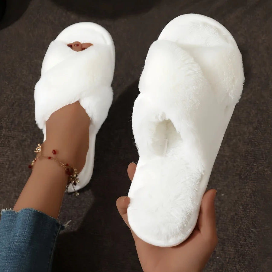 Fashion Cross Strap Fur Slippers Women Indoor Light Warm Plush Home Slippers Woman Faux Fur Flat Heel Couple Slides Plus Size 43.