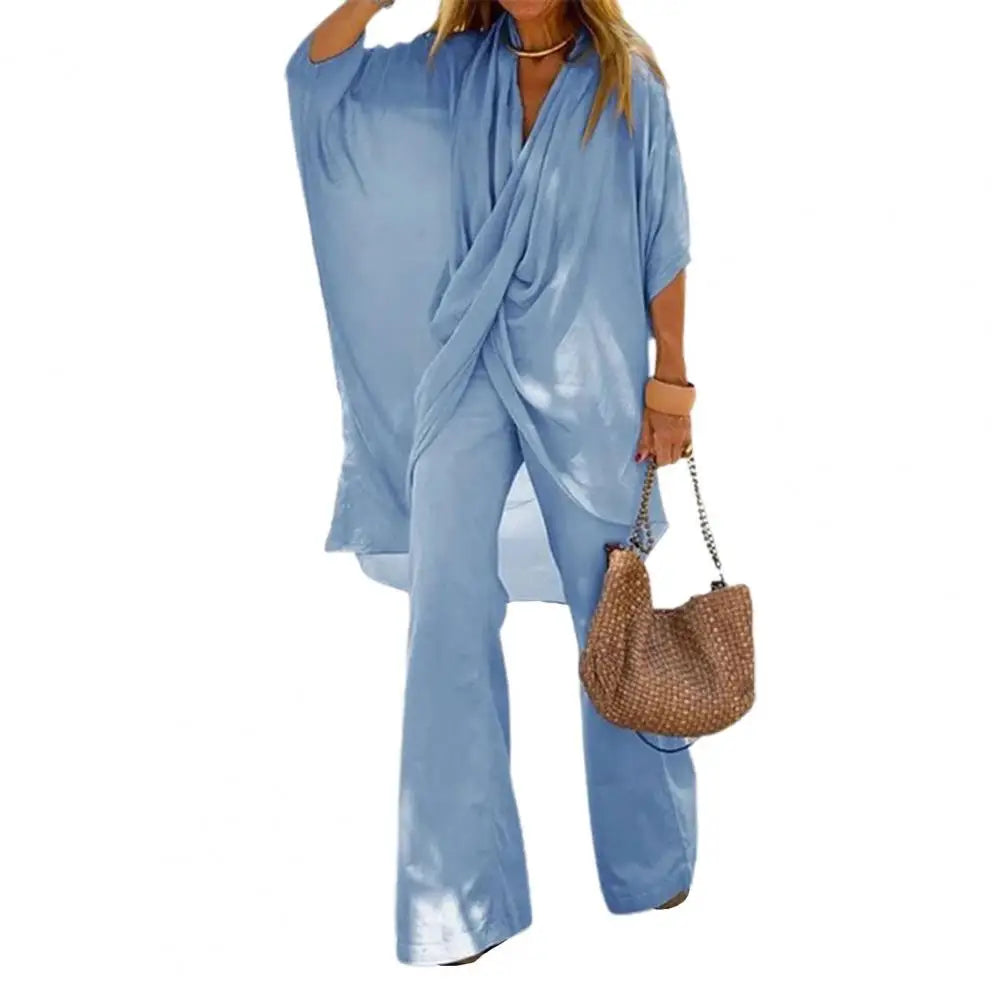Two-piece Suit Women Outfit Bat Sleeve Wide Leg Spring Irregular Cross Solid Color Raglan Sleeves Blouse Pants Set for Dating.