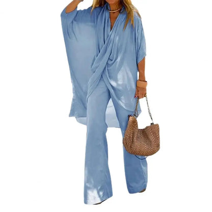 Two-piece Suit Women Outfit Bat Sleeve Wide Leg Spring Irregular Cross Solid Color Raglan Sleeves Blouse Pants Set for Dating.