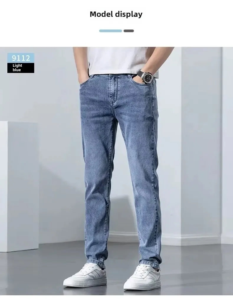Hong Kong Summer Thin Men's Blue Jeans Slims Smooths Your Silhouette Feet Stretchy Korean Style Light Color Versatile Pants.