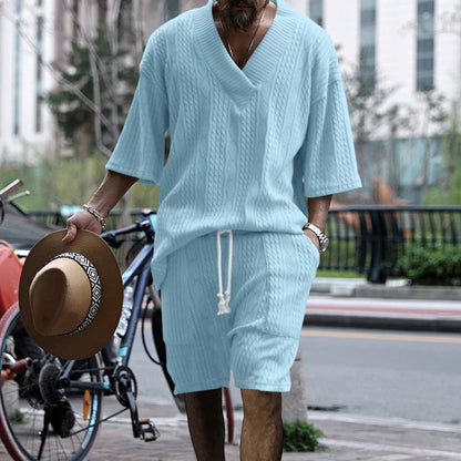 2024 Summer New Men's High Street Casual Loose Jacquard Sportswear V-Neck Short Sleeve Shorts Men's Fashion Suit