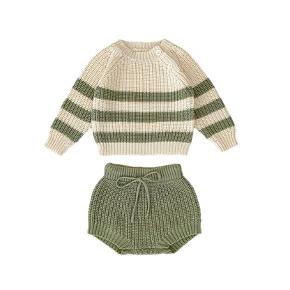 Baby-Pullover für Herren und Damen, neue Herbst-Stile für Säuglinge und Kleinkinder, gestreifte Strickoberteile und Hosen-Sets.