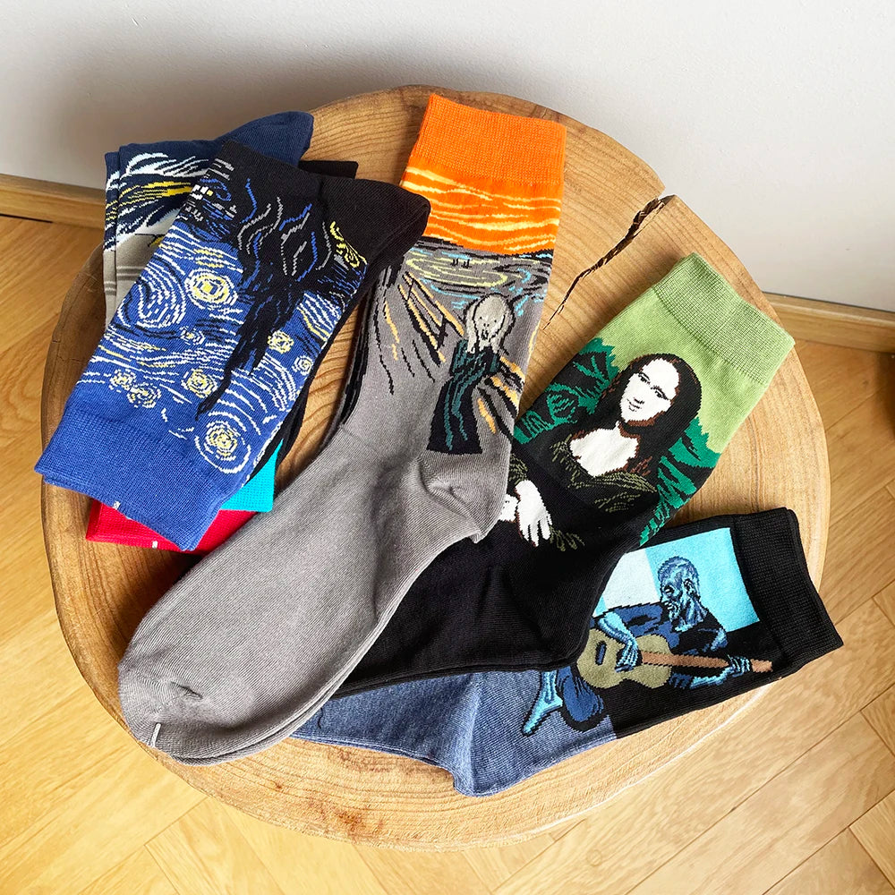 Autumn winter Retro Women Art Van Gogh Mural World Famous Oil Painting Series Men Socks Funny Socks.