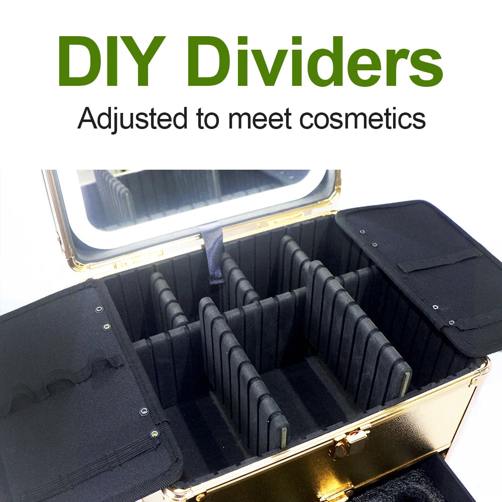 Large Capacity Makeup Case with LED Mirror Multiple Size Options Cosmetic Box LED Mirror Makeup Storage Box for Beauty Salons.