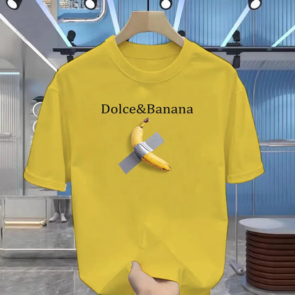 100% pure cotton banana print slimming for men in summer, suitable for casual round-neck short-sleeved T-shirt tops.
