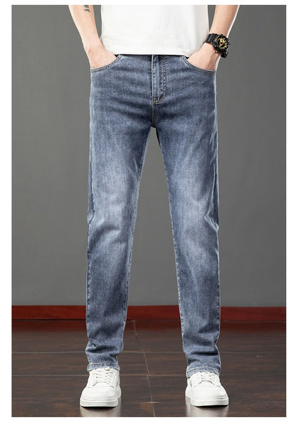 Spring Summer Thin Slim Fit Jeans Mens Elastic Straight Casual Business Denim Pants Washed Classic Brand Clothing Men Trousers