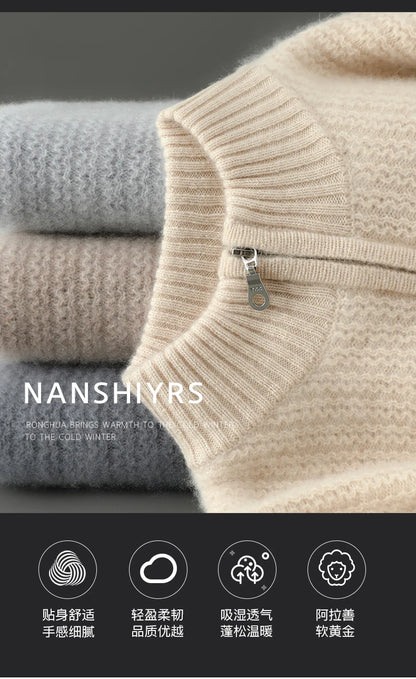Men's 100% Merino Wool Thicken Sweater Half Zipper Mock Collar Pullover Autumn Winter Cashmere Knitwear Business Casual Clothing.