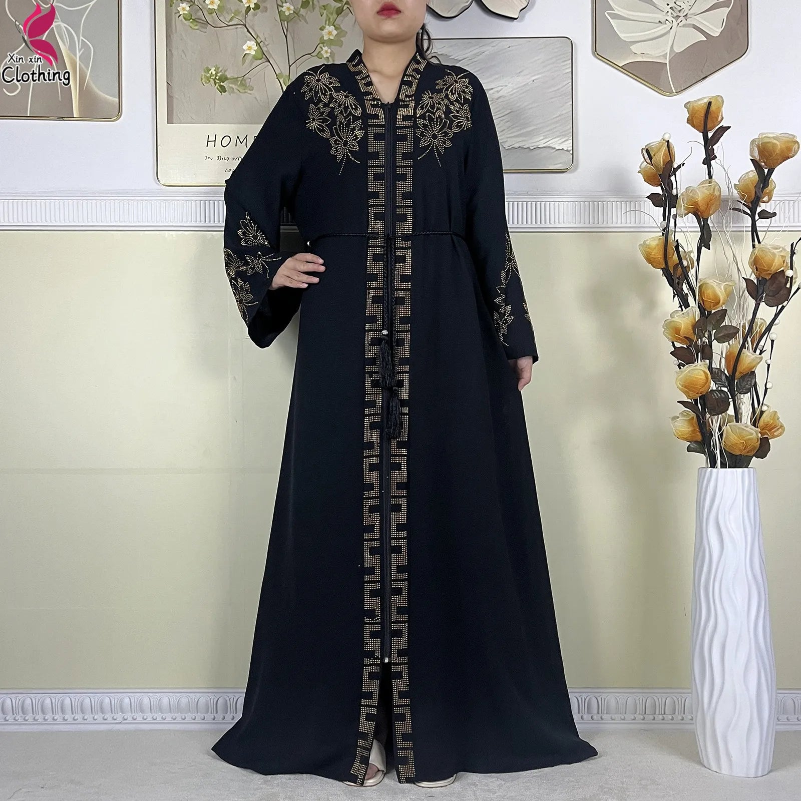 New Muslim Abayas For Women Long Sleeved Dress Dubai Lady Elegant Long Dress Islam Clothing African Abaya Loose Robe With Turban.