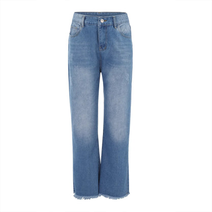 Women Jeans Straight Pants High Waist Washed Distressed Vintage Pockets Button Basics Trousers 2025 Female Streetwear Denims.