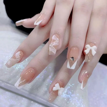 Blush Pink False Nails Bowknot Diamond Pearl 3D Design Press on Nail Tips with Harmless Smooth Edge Nails Woman DIY Fake Nails