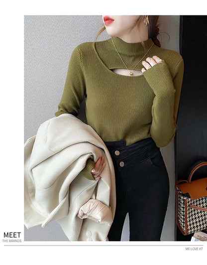 Herbst Winter Gestricktes Hemd Frauen Pullover Stricken Pullover Tops Mode Weibliche Lange Hülse Dünne Elastische Dünne Pullover Shirts