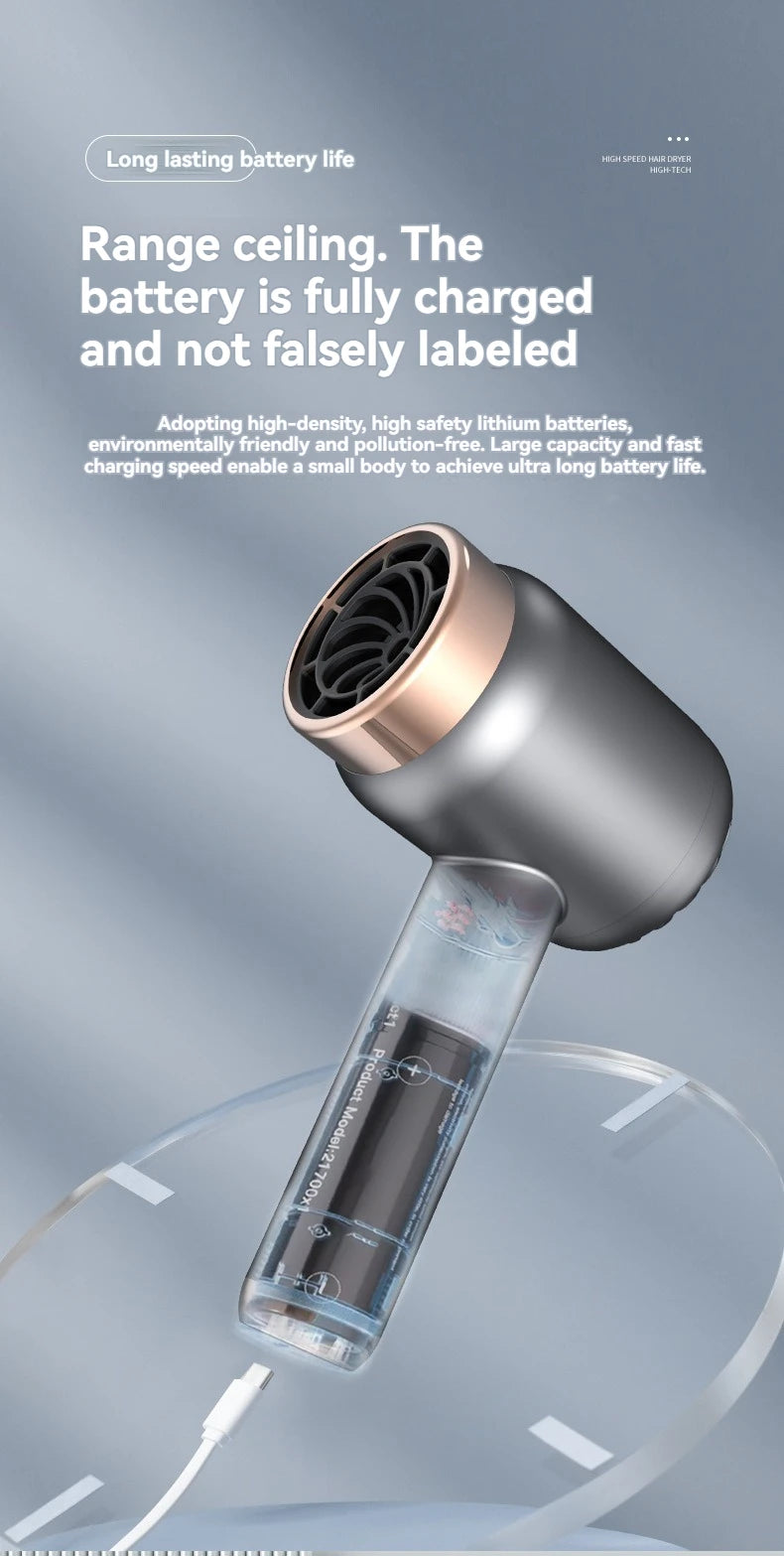 Wireless charging hair dryer for household use, high-speed negative ion hair dryer, high-power bladeless hair care, quick drying.