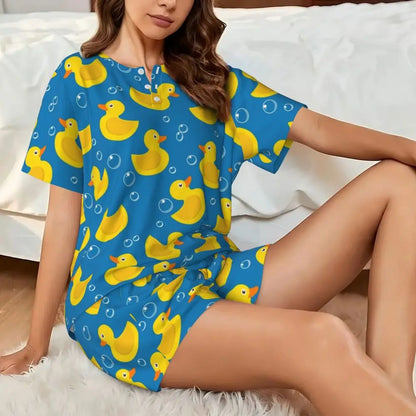 Benutzerdefinierte Frauen Gelb Klassische Gummi Ente Pyjamas Set Gedruckt Zwei-stück Pj Sets Kurzarm Nachtwäsche Loungewear