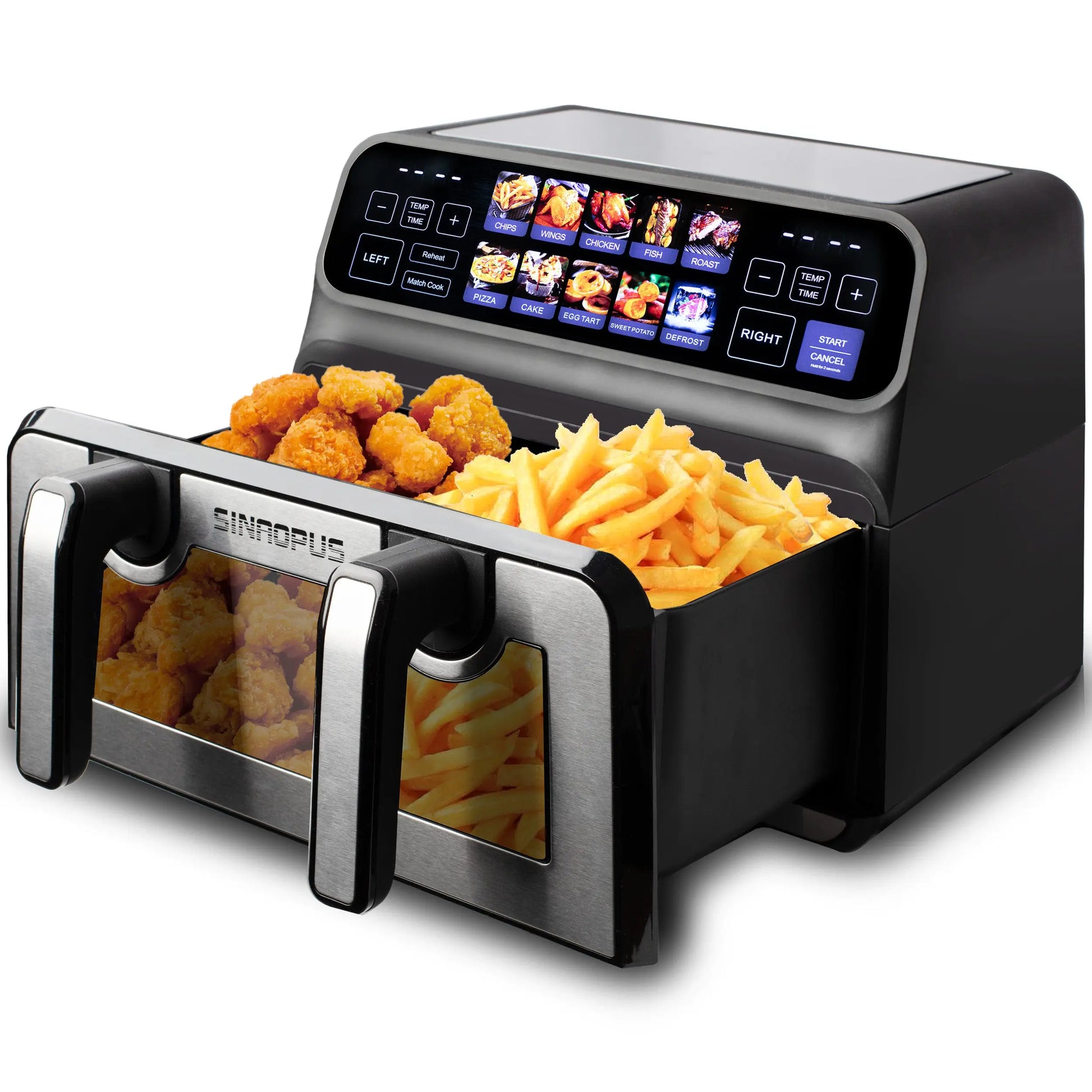 Sinaopus 2200W Hot Air Fryer Dual Basket 9 L XXL Multi-Function Air Fryer with LED Touch Screen Timable Auto Programmes.