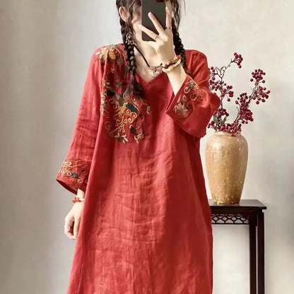 Schwerindustrie besticktes Kleid im Ethno-Stil, mittellang, Sommer, neuer Stil, Retro-Top, Rock mit Neun-Punkt-Ärmeln.