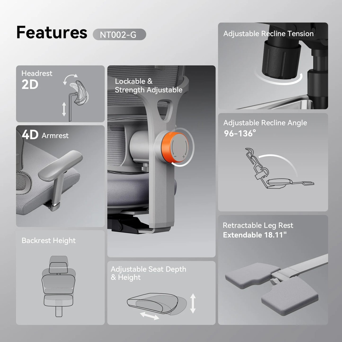 NEWTRAL NT002 Ergonomischer Bürostuhl mit Fußstütze, adaptiver Lordosenstütze, 3D Armlehne und Verstellbare Kopfstütze, Schreibtischstuhl aus Mesh für Büro