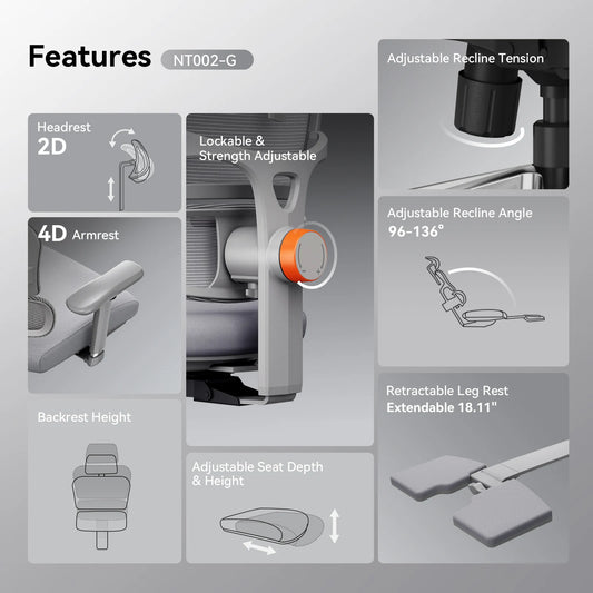 NEWTRAL NT002 Ergonomischer Bürostuhl mit Fußstütze, adaptiver Lordosenstütze, 3D Armlehne und Verstellbare Kopfstütze, Schreibtischstuhl aus Mesh für Büro