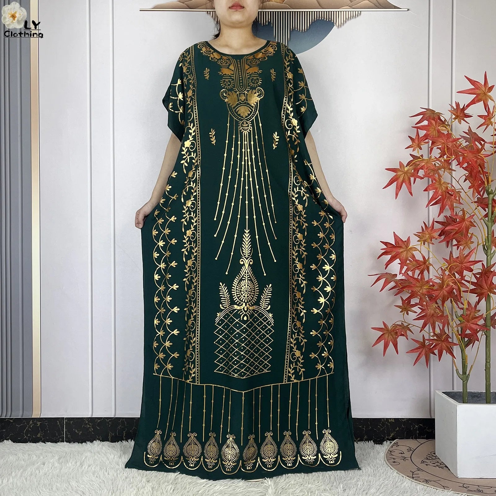 2023 New Muslim Summer Short Sleeve Robe Gold Stamping Boubou Maxi Women Femme Loose Dress With Big Scarf African Abaya Clothes.