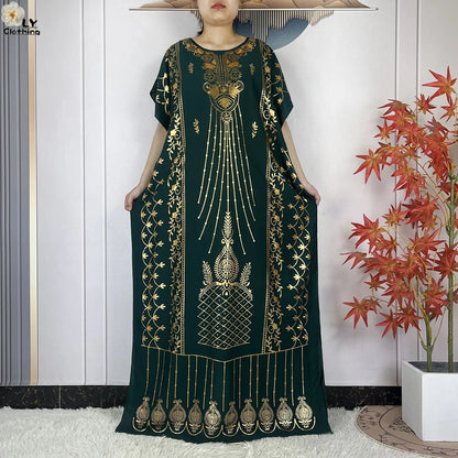 2023 New Muslim Summer Short Sleeve Robe Gold Stamping Boubou Maxi Women Femme Loose Dress With Big Scarf African Abaya Clothes.