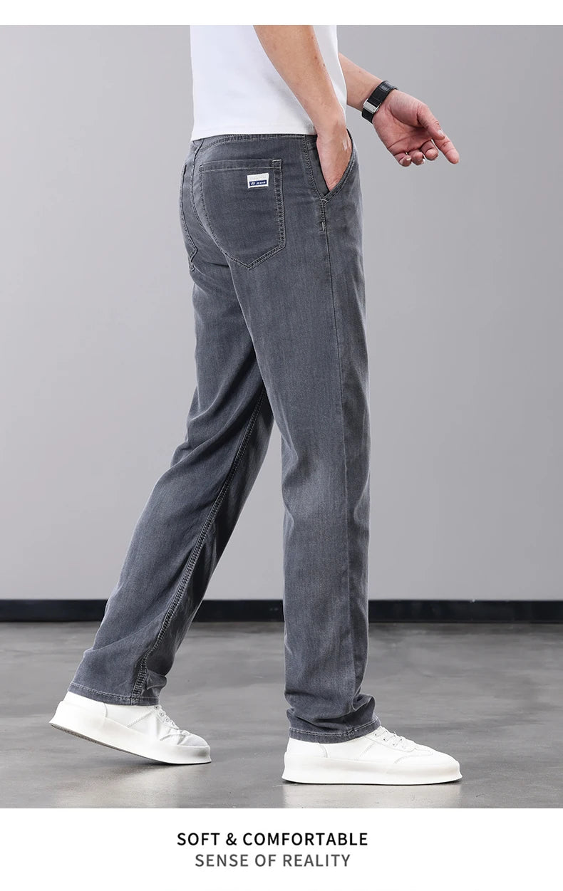 Summer Thin Men's Jeans Lyocell Fabric Soft Breathable Straight Denim Pants Brand Man Elastic Ice Silk Casual Trousers Grey Blue.