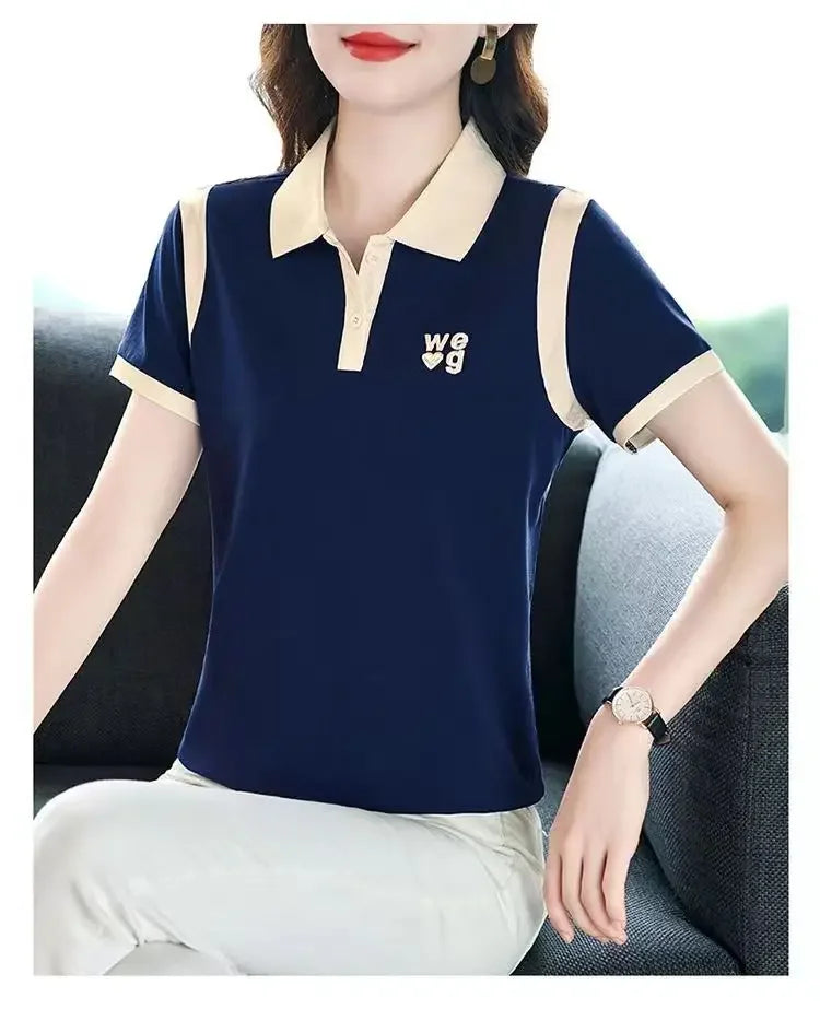 Fashionable Short Sleeve Polo Shirt Women's Summer Sporty Hong Kong Style Top High End Mixed Fabric Slim Fit T-Shirt.