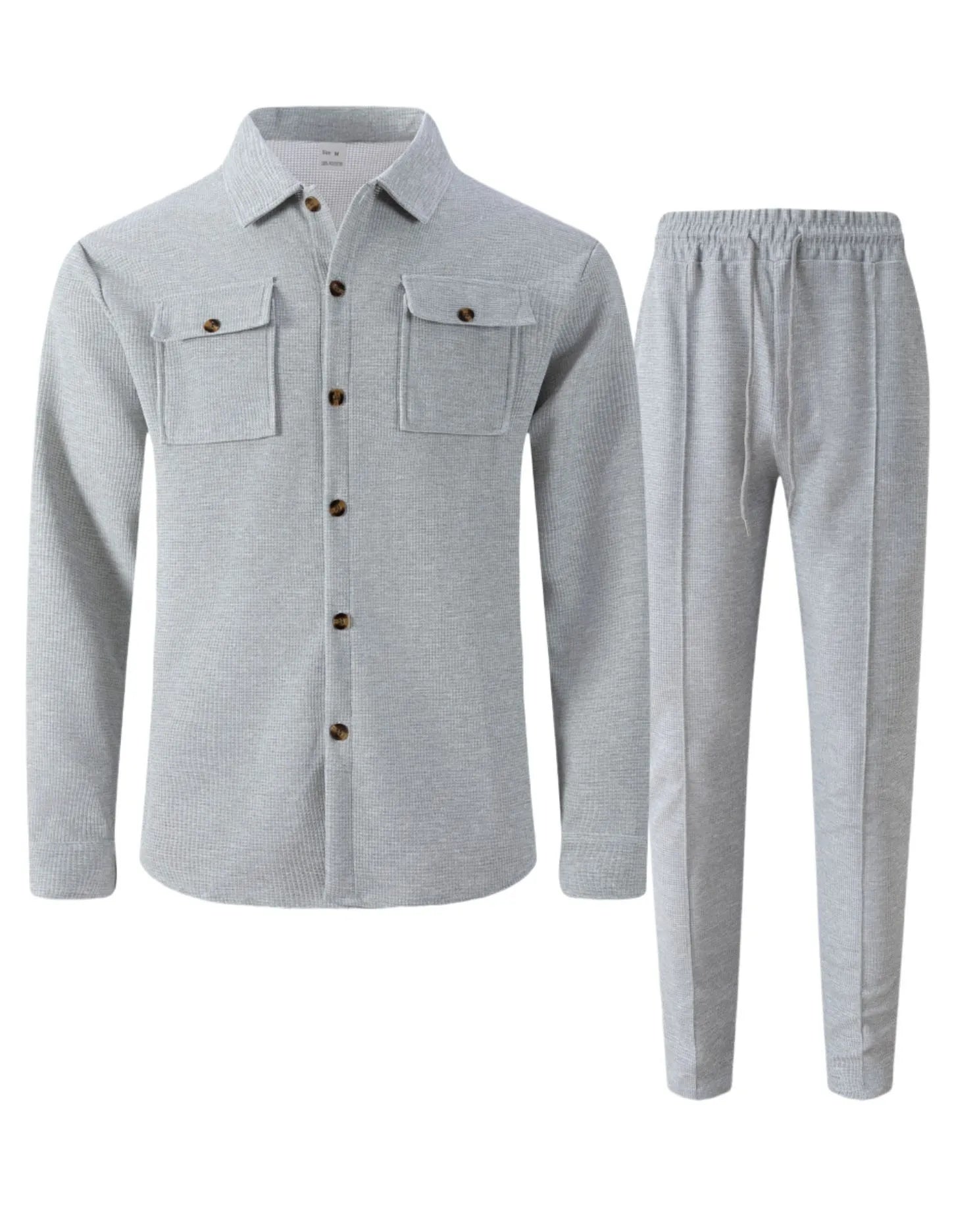 New autumn style waffle long-sleeved solid-color double-pocket buttoned cardigan shirt and pants set.
