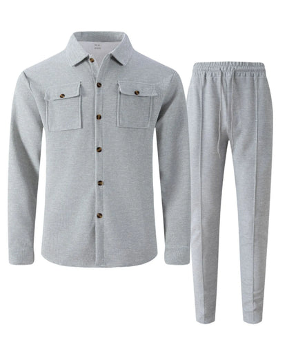 New autumn style waffle long-sleeved solid-color double-pocket buttoned cardigan shirt and pants set.