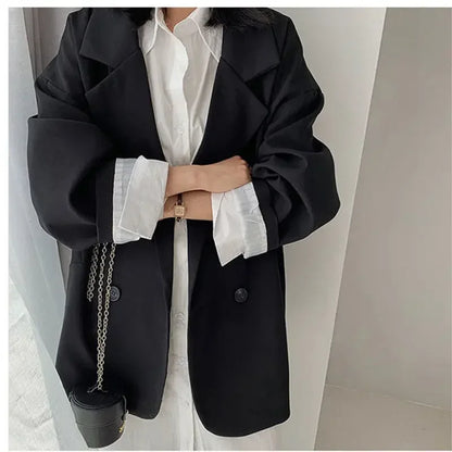 Neue 2025, Vintage Lose Frauen Solide Blazer Herbst Chic Zweireiher Weibliche Lange Hülse Anzug Jacken Stilvolle Damen Blazer