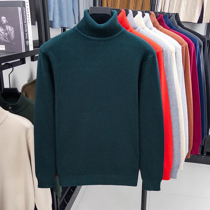 Autumn Mens High Quality Knitted Turtleneck Sweater Slim Fit Long Sleeve Anti-pilling Pullover Solid Color Trend Men Streetwea.